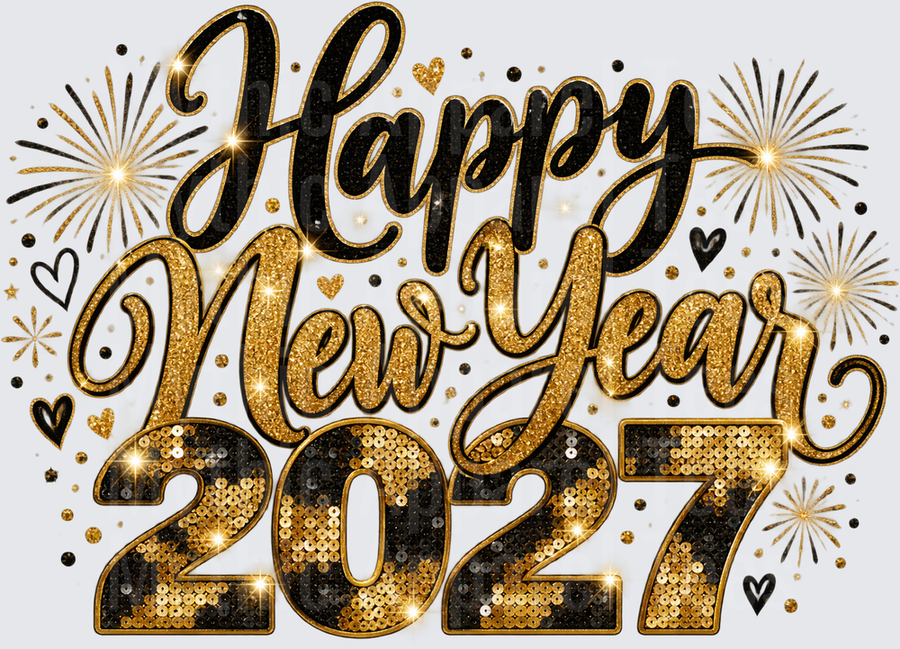 Happy New Year 2027 Black and Gold Glitter Sequin Fireworks Hearts Celebration Design