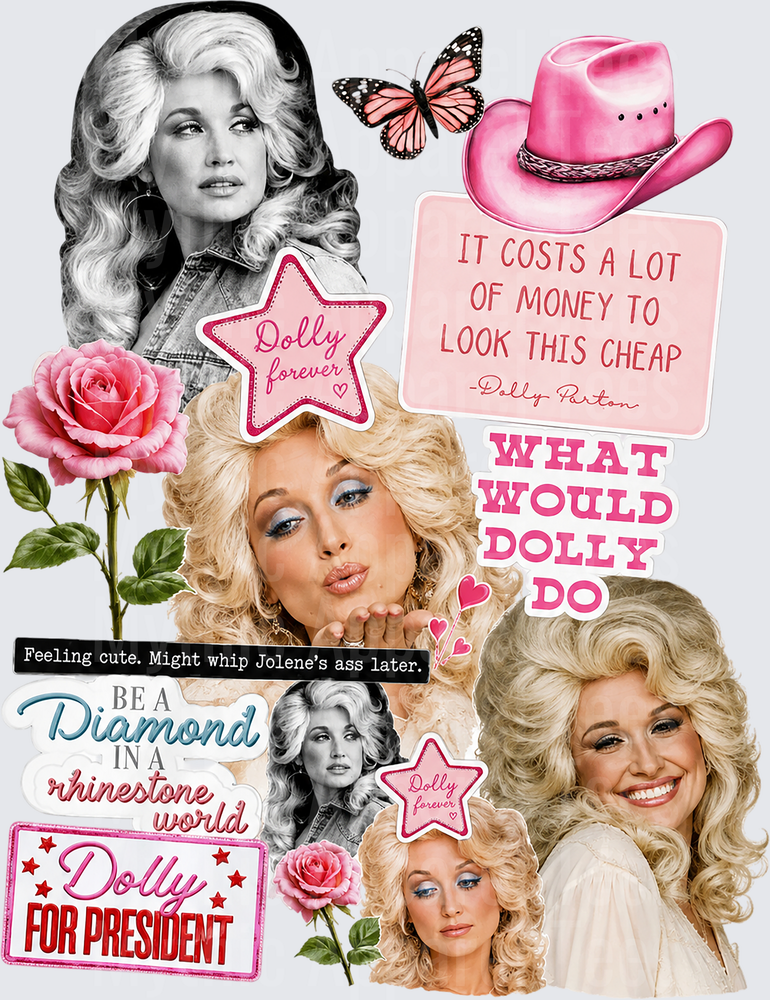 Dolly Parton Fan Collage with Iconic Quotes Pink Cowboy Hat Roses Butterfly and Dolly Forever Star Stickers