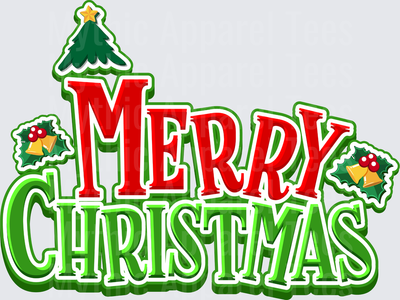 Merry Christmas Bold Red and Green Text Design with Christmas Tree Star Topper Holly Bells and Berries Holiday Lettering