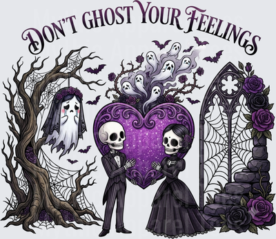 Don't Ghost Your Feelings Gothic Skeleton Couple Purple Glitter Heart Crying Ghost Bride Spooky Tree Bats Dark Roses Halloween