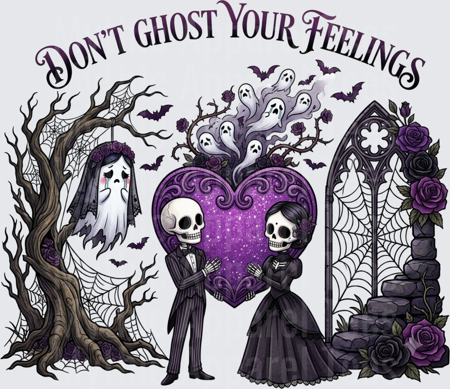 Don't Ghost Your Feelings Gothic Skeleton Couple Purple Glitter Heart Crying Ghost Bride Spooky Tree Bats Dark Roses Halloween