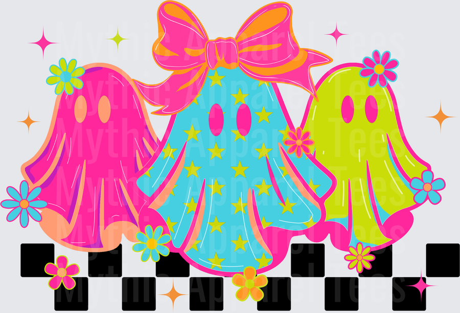Halloween Retro Coquette Ghost Trio with Bow Stars and Groovy Daisy Flowers Checkered Border Neon Pink Teal Lime Green