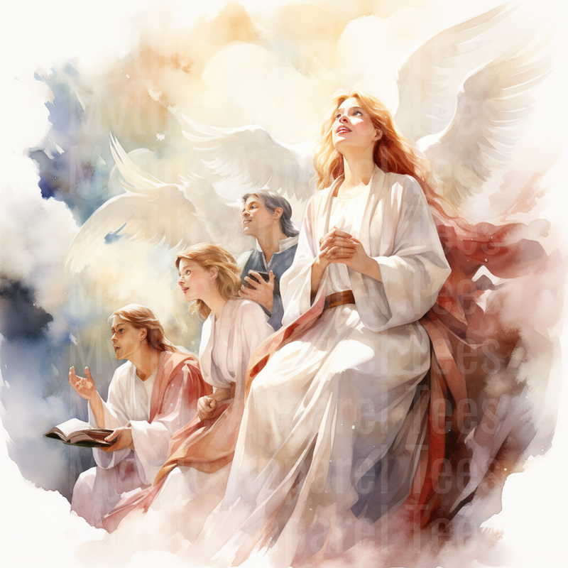 Nativity Angels and Believers in Heavenly Watercolor Scene
