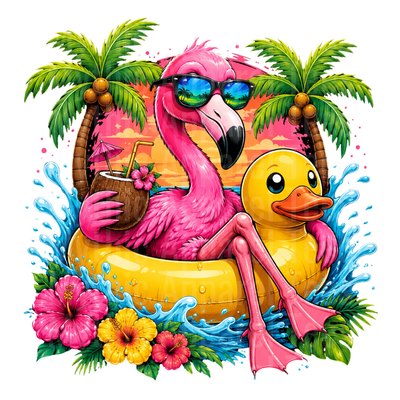 Flamingo Wearing Sunglasses Relaxing in Rubber Duck Float with Coconut Drink Tropical Summer