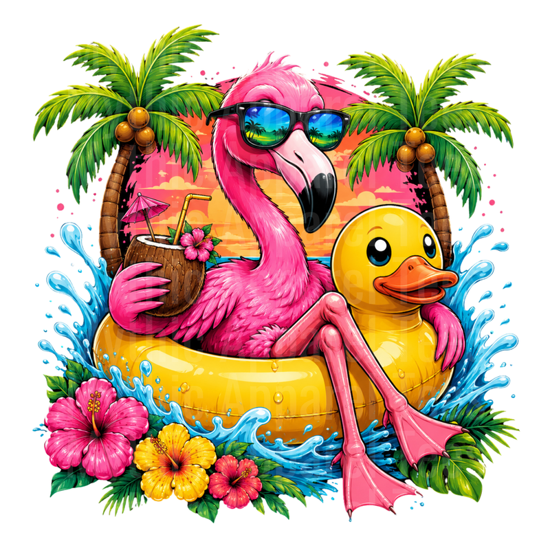 Flamingo Wearing Sunglasses Relaxing in Rubber Duck Float with Coconut Drink Tropical Summer