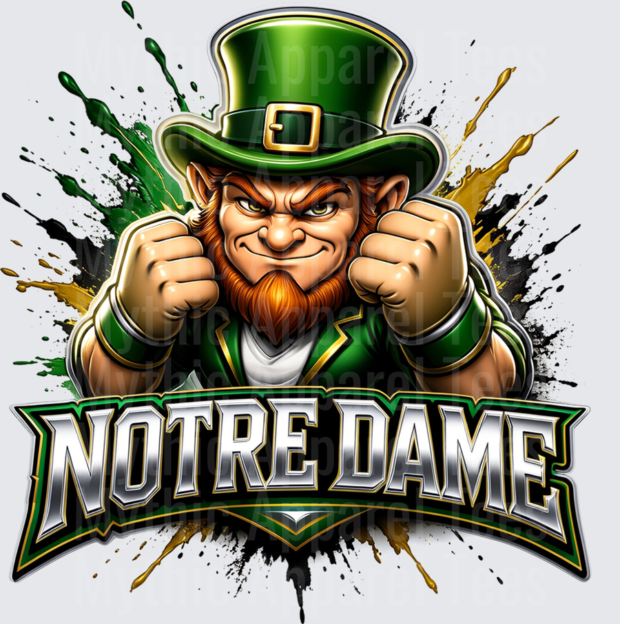 Notre Dame Fighting Irish Angry Leprechaun Mascot Green Gold Paint Splash