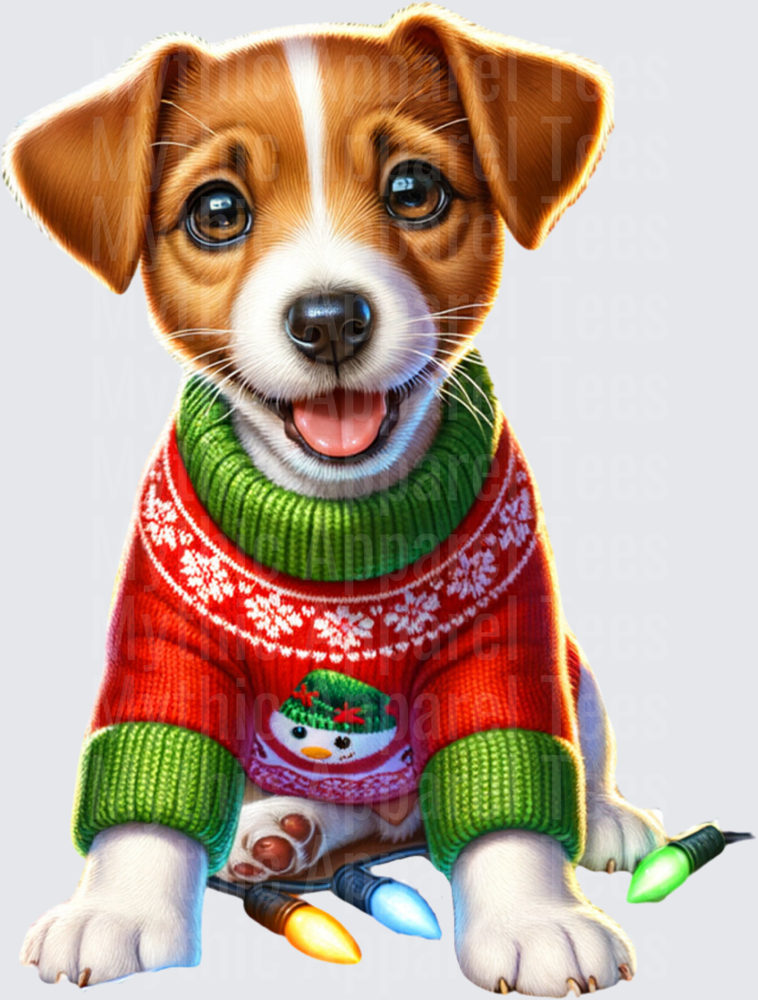 Cute Jack Russell Terrier Puppy in Red and Green Christmas Ugly Sweater with Holiday Lights