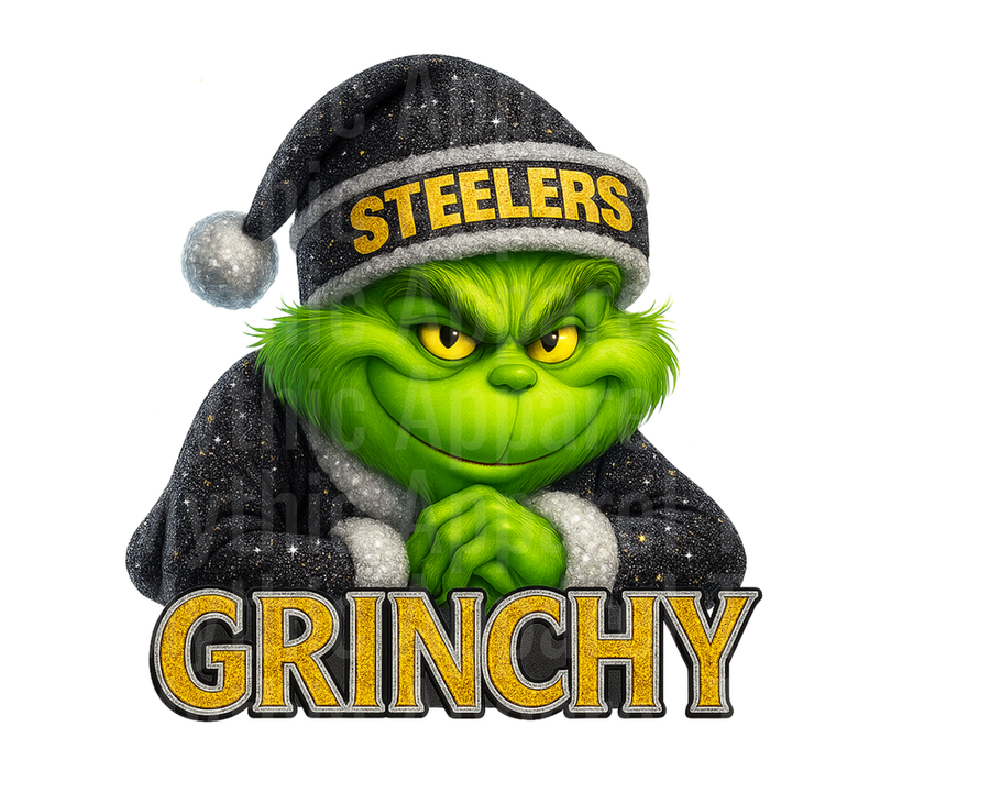 NFL Football Grinchy Grinch Wearing Pittsburgh Steelers Santa Hat Black and Gold Christmas Holiday Design