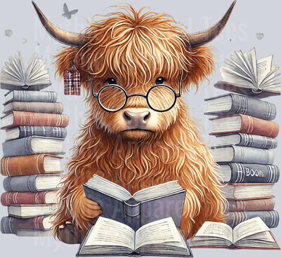 Book Highland Cow with glasses DTF Highland Cow Transfers