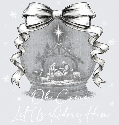 Vintage Grayscale Nativity Scene Snow Globe with Silver Ribbon Bow and Star of Bethlehem
