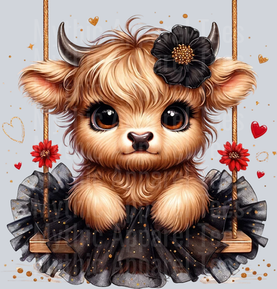Cute Highland Cow Baby Black swing flowers 2 DTF Precious Highland Cow Transfers