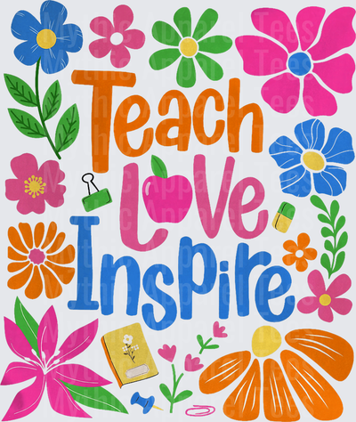 Teach Love Inspire Colorful Floral Teacher Typography with Apple Binder Clip and Notebook Accents