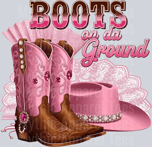 Boots on the ground pink hat with pink boot tops Western Girl DTF Western Transfers