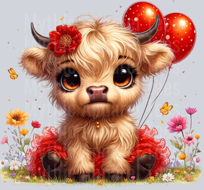 Cute Highland Cow Baby Heart Balloon red DTF Precious Highland Cow Transfers