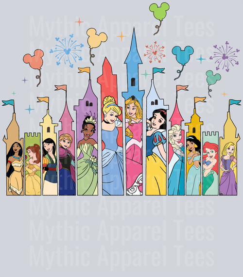 Classic Disney Castle with fireworks and hearts and princesses DTF Disney Transfers