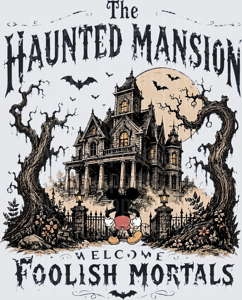 The Haunted Mansion Welcome Foolish Mortals Mickey Mouse Standing Before Spooky Gothic Estate Full Moon Bats Gnarled Trees Halloween