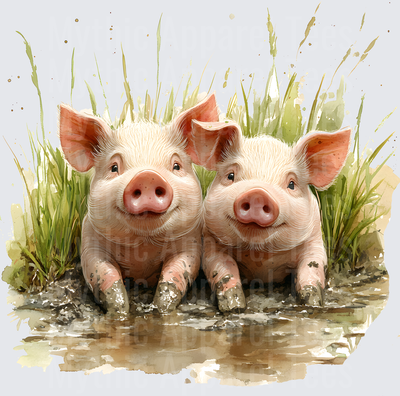 Farm Life and Farm Animals Two Cute Piglets Playing in Mud Watercolor