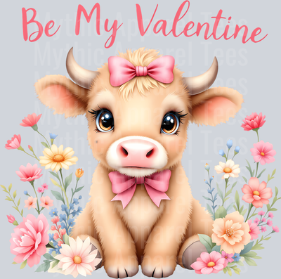 203 Coquette Be My Valentine Highland Cow Hearts And Flowers Long Sleeve T-Shirt