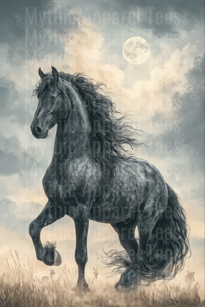 Majestic Black Friesian Horse Prancing Under Full Moon Cloudy Night Sky Pencil Sketch Art