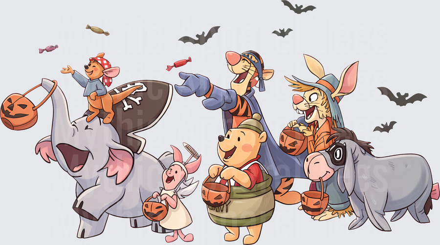 Winnie the Pooh and Friends Halloween Trick or Treat Gang with Piglet Tigger Eeyore Roo Kanga and Lumpy in Costumes with Jack-o-Lantern Candy Buckets and Flying Bats