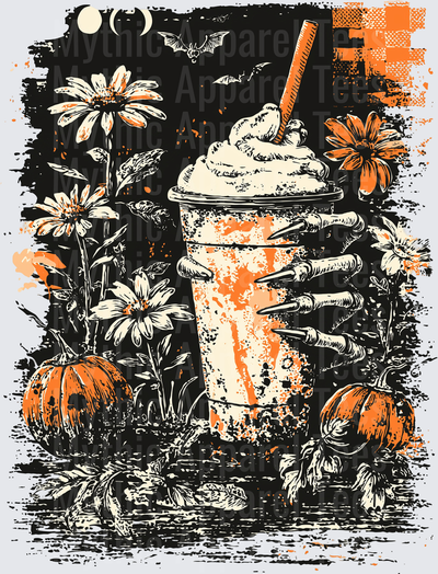 Distressed Halloween Skeleton Claw Holding Whipped Cream Frappuccino with Pumpkins Daisies and Bats