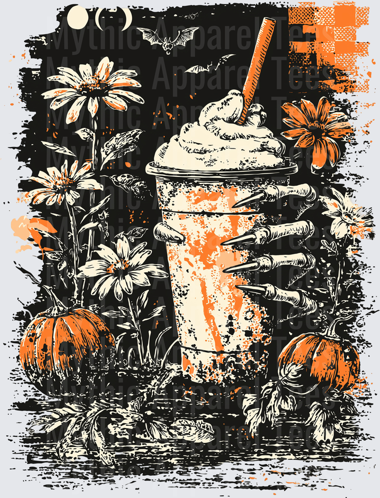 Distressed Halloween Skeleton Claw Holding Whipped Cream Frappuccino with Pumpkins Daisies and Bats