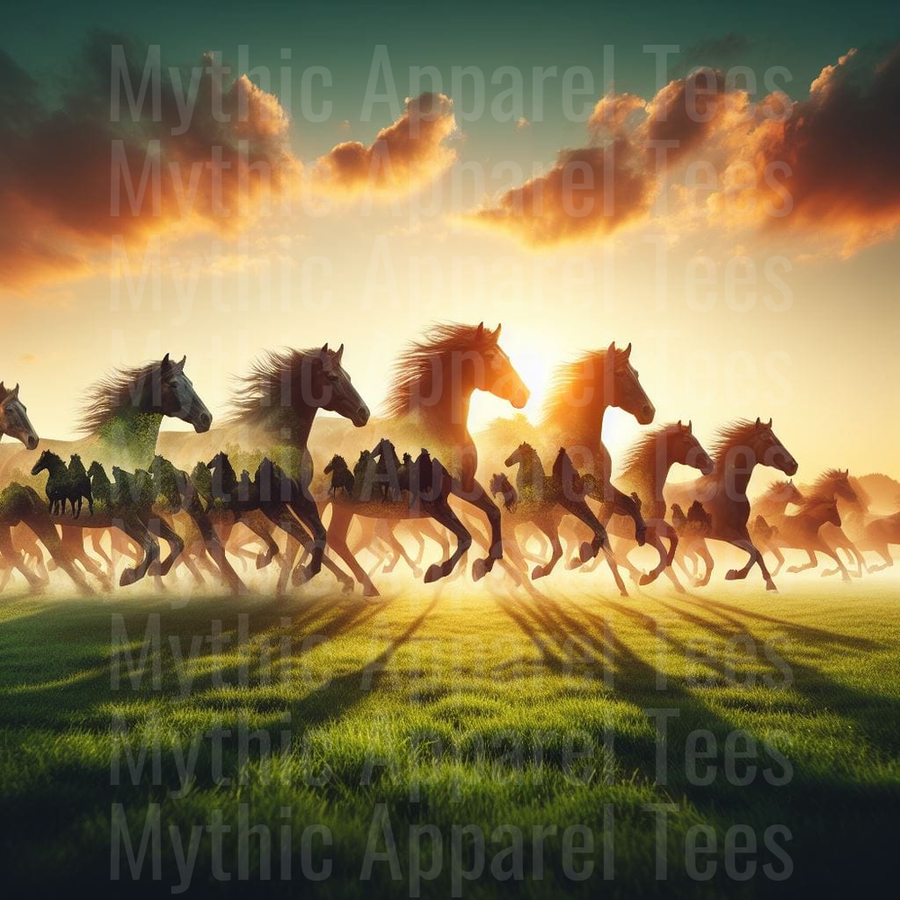 Wild Horse Herd Galloping Across Green Meadow at Golden Sunset