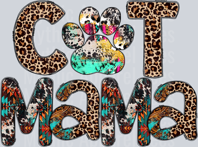Cat Mama with Cap print Cow and Leopard Pattern DTF Cat Transfers