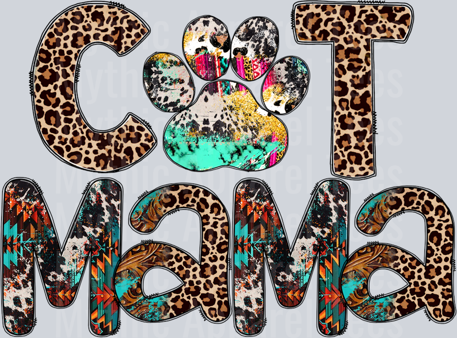 Cat Mama with Cap print Cow and Leopard Pattern DTF Cat Transfers
