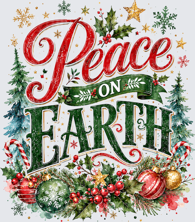 Peace On Earth Watercolor Christmas Holiday Typography with Holly Berries Ornaments and Snowflakes