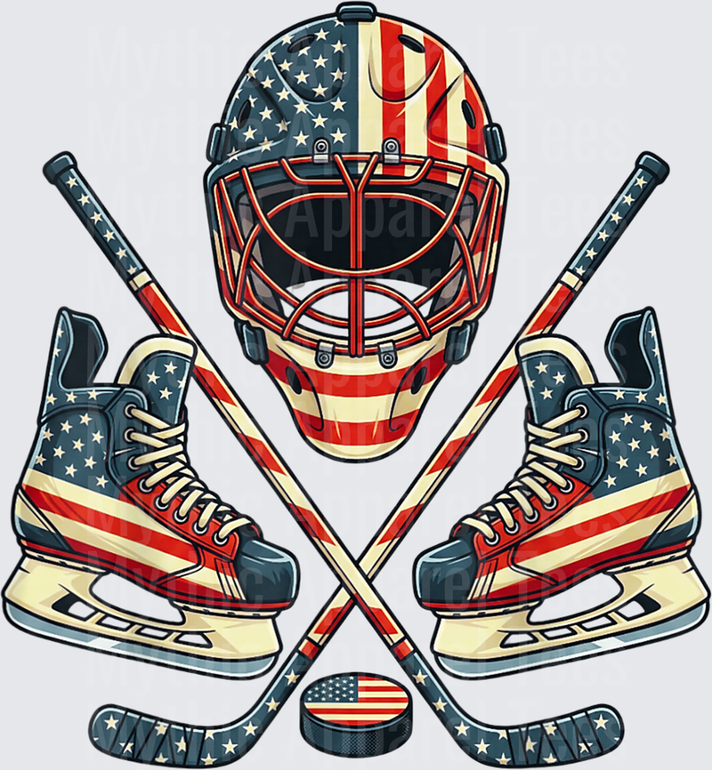 Ice Hockey Patriotic American Flag Goalie Mask Skates Crossed Sticks Puck