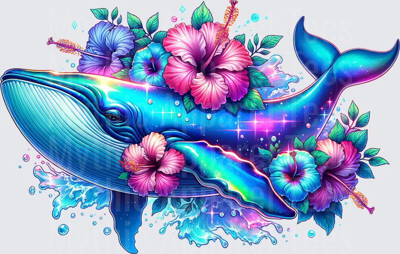 Ocean Animals Holographic Blue Whale Hibiscus Floral Splash