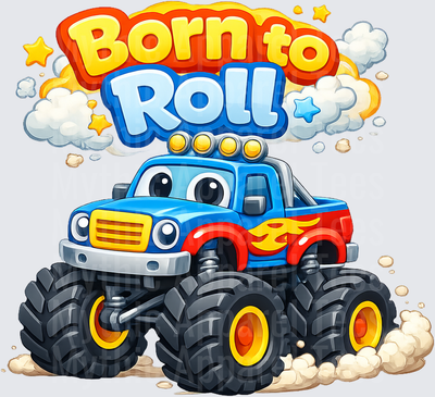 Born to Roll Cute Cartoon Monster Truck with Flames and Big Eyes Kids Design
