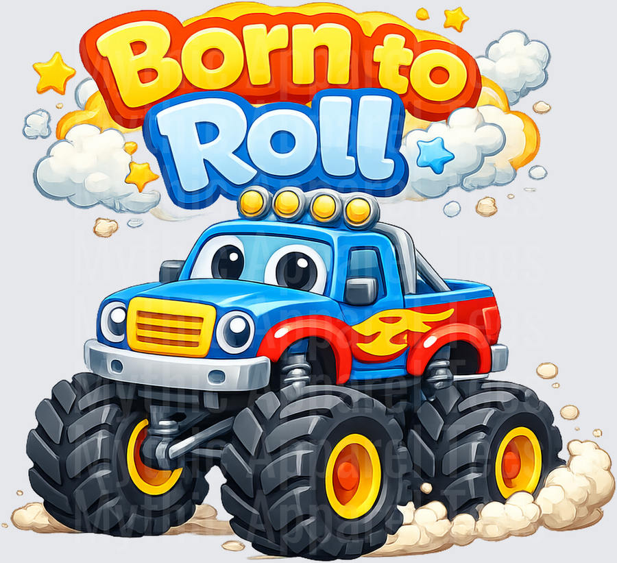 Born to Roll Cute Cartoon Monster Truck with Flames and Big Eyes Kids Design