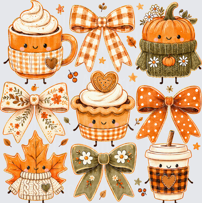 Fall Designs Cute Kawaii Autumn Collection with Pumpkin Spice Latte Mug, Smiling Maple Leaf in Sweater, Cozy Pumpkin in Knit, Whipped Cream Cupcake, Plaid Coffee Cup, and Decorative Fall Bows with Florals and Polka Dots
