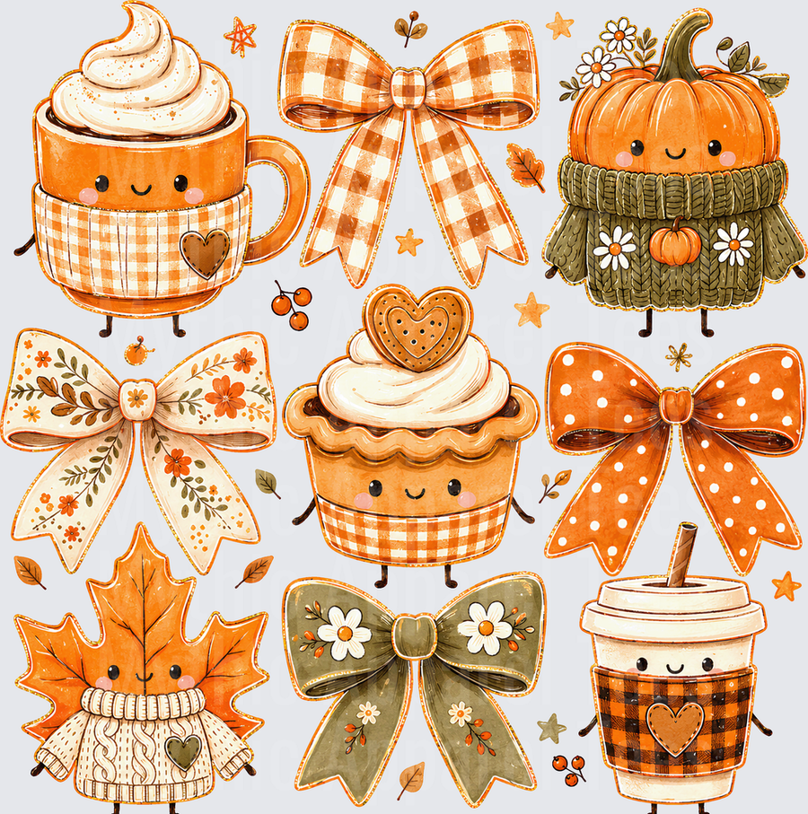 Fall Designs Cute Kawaii Autumn Collection with Pumpkin Spice Latte Mug, Smiling Maple Leaf in Sweater, Cozy Pumpkin in Knit, Whipped Cream Cupcake, Plaid Coffee Cup, and Decorative Fall Bows with Florals and Polka Dots