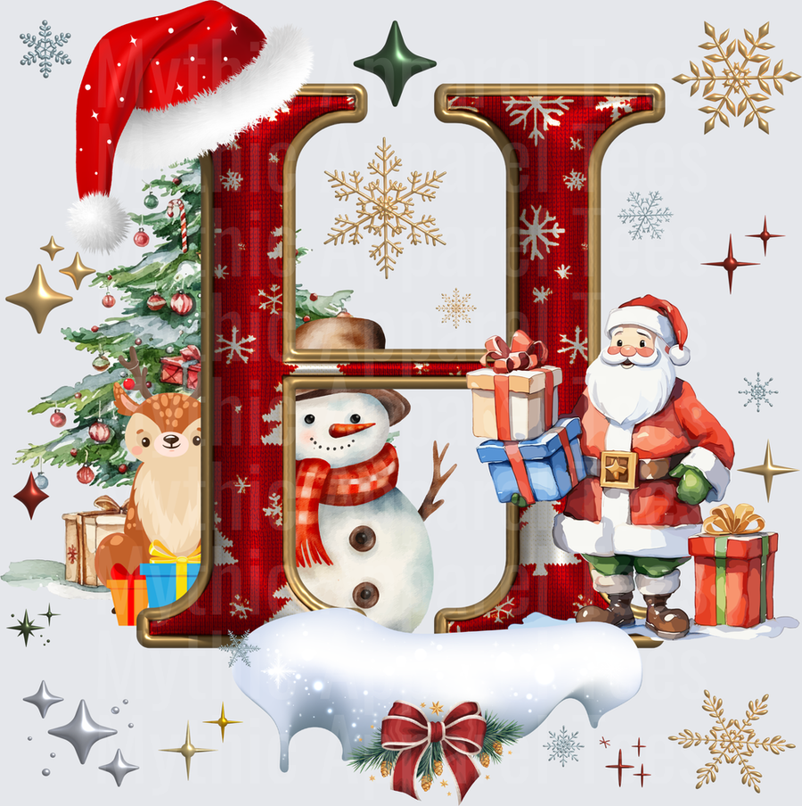 Christmas Letter H with Santa Claus Snowman Reindeer and Holiday Gifts Festive Red and Gold Monogram
