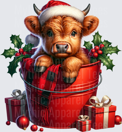 Highland Christmas Cow Baby in Red Bucket with Santa Hat