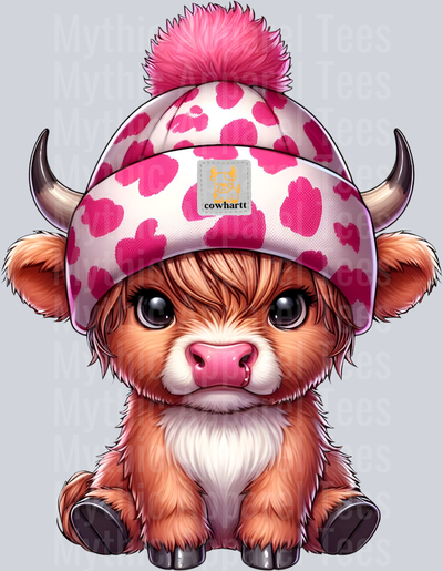Brown and white with pink and white hat DTF CowHartt Highland Cow Transfers