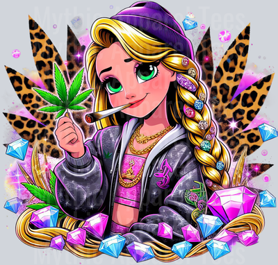 Rapunzel 2 Cheeta Print Jewels Smoking Weed DTF Weed Transfers