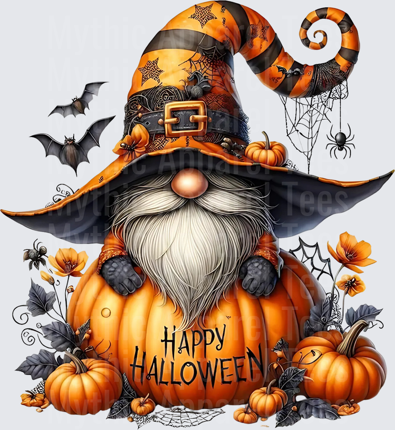 Happy Halloween Witch Gnome Sitting on Pumpkin with Bats Spider Webs and Orange Flowers