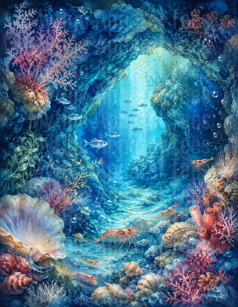 Ocean Animals Underwater Cave Coral Reef Shrimp Watercolor