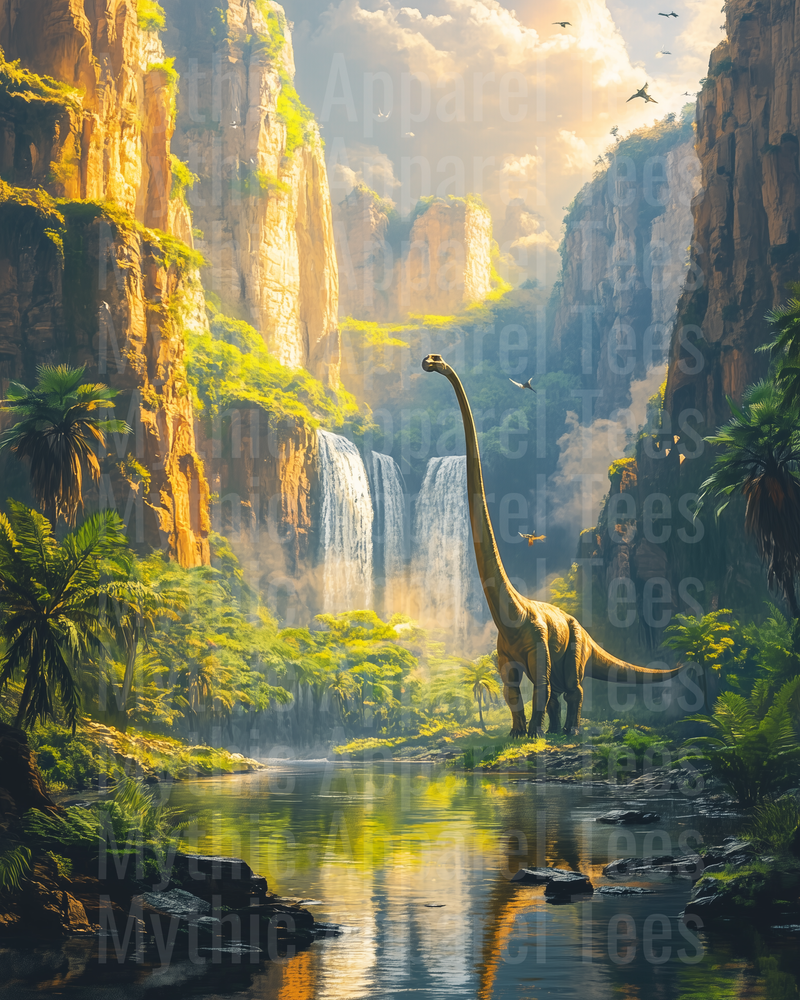 Majestic Brachiosaurus Standing by Waterfall in Sunlit Prehistoric Canyon with Pterodactyls Flying Overhead