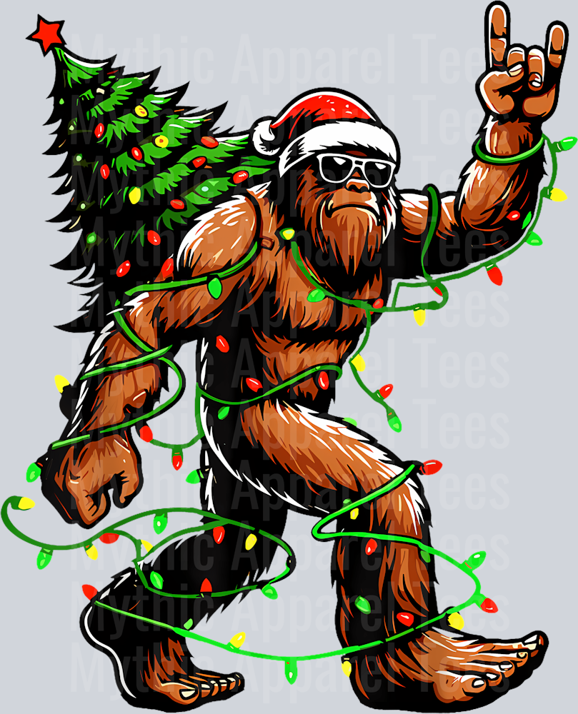 3 Santa Bigfoot Christmas Tree Xmas Lights Funny Sasquatch T-Shirt