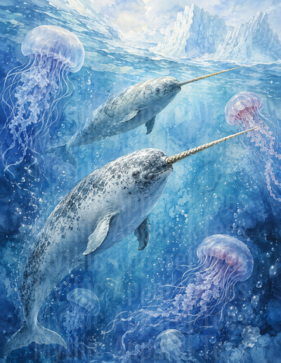Ocean Animals Narwhals and Jellyfish Arctic Watercolor Art