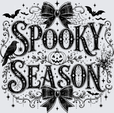 Spooky Season Gothic Black and White Halloween Design with Coquette Bows Crow Jack-O-Lantern Bats Candle Spider Webs and Ornate Scrollwork