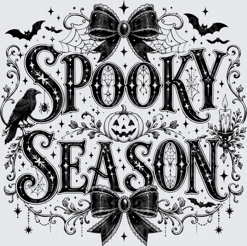 Spooky Season Gothic Black and White Halloween Design with Coquette Bows Crow Jack-O-Lantern Bats Candle Spider Webs and Ornate Scrollwork