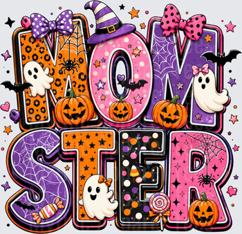 Momster Halloween Leopard Print Witch Hat Ghost Pumpkin Spider Web Pink Purple Orange Spooky Mom Typography