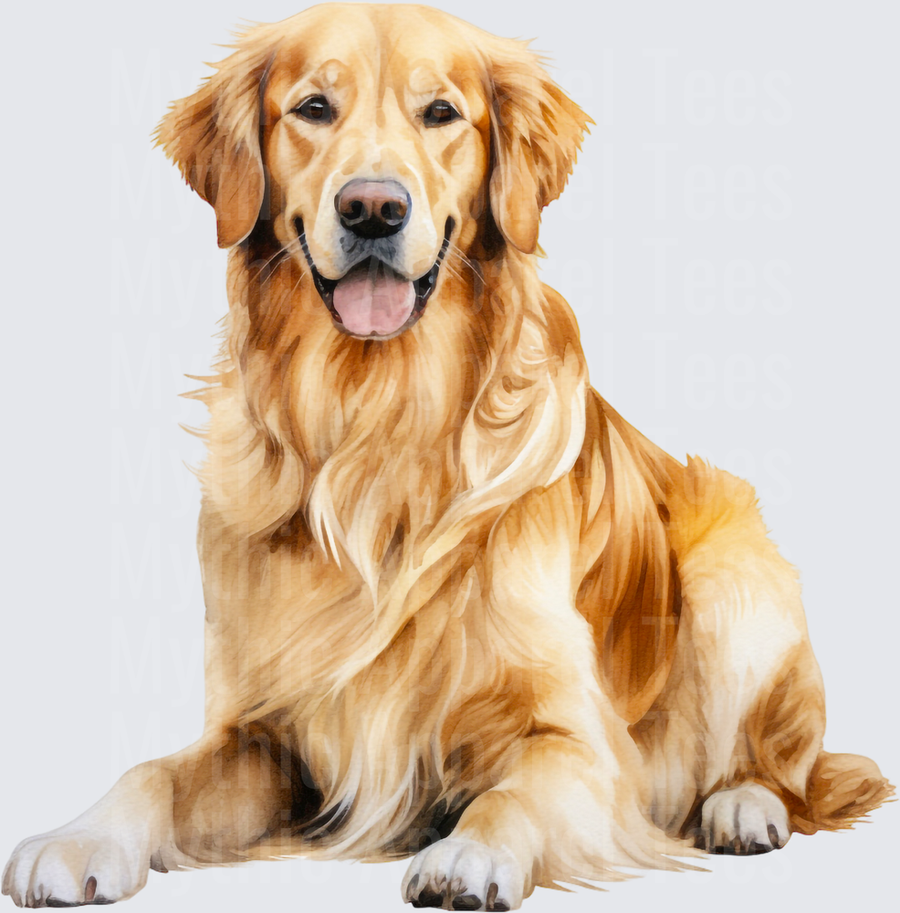 Watercolor Golden Retriever Sitting Portrait with Flowing Golden Coat and Happy Expression