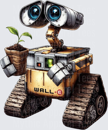 WALL-E Robot Holding Green Plant Seedling in Pot Detailed Illustration
